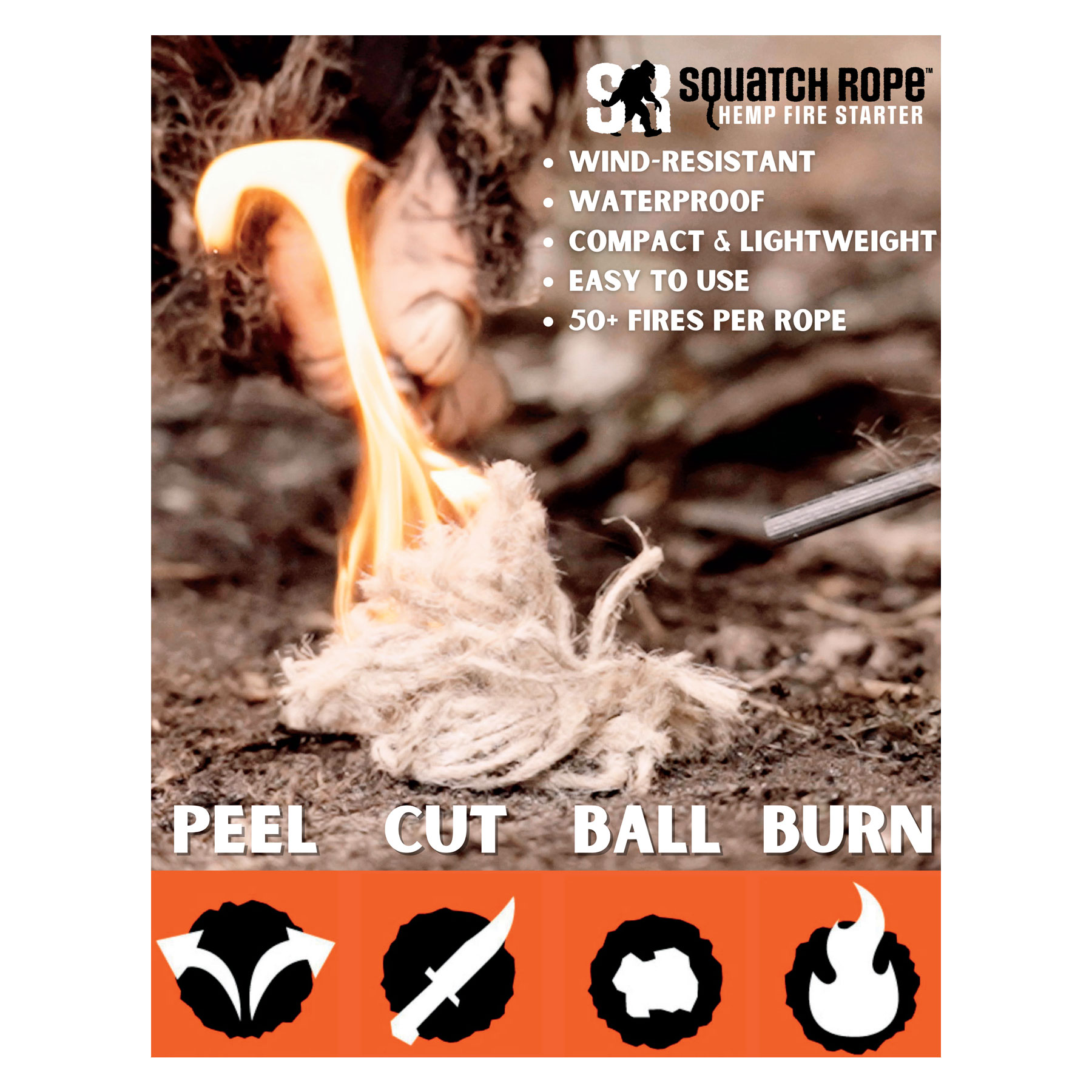 Squatch Rope Hemp Fire Starter  Wind Proof, Water Proof, Eco-Friendly