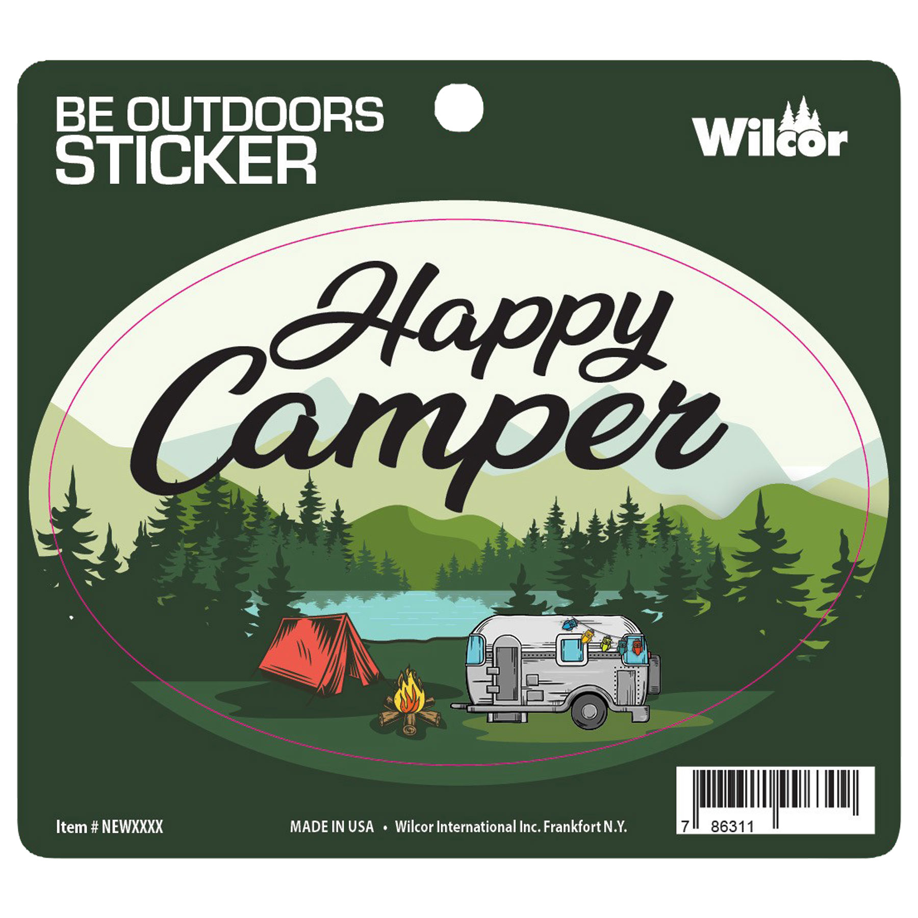 HAPPY CAMPER RETRO OVAL STICKER 25/BL